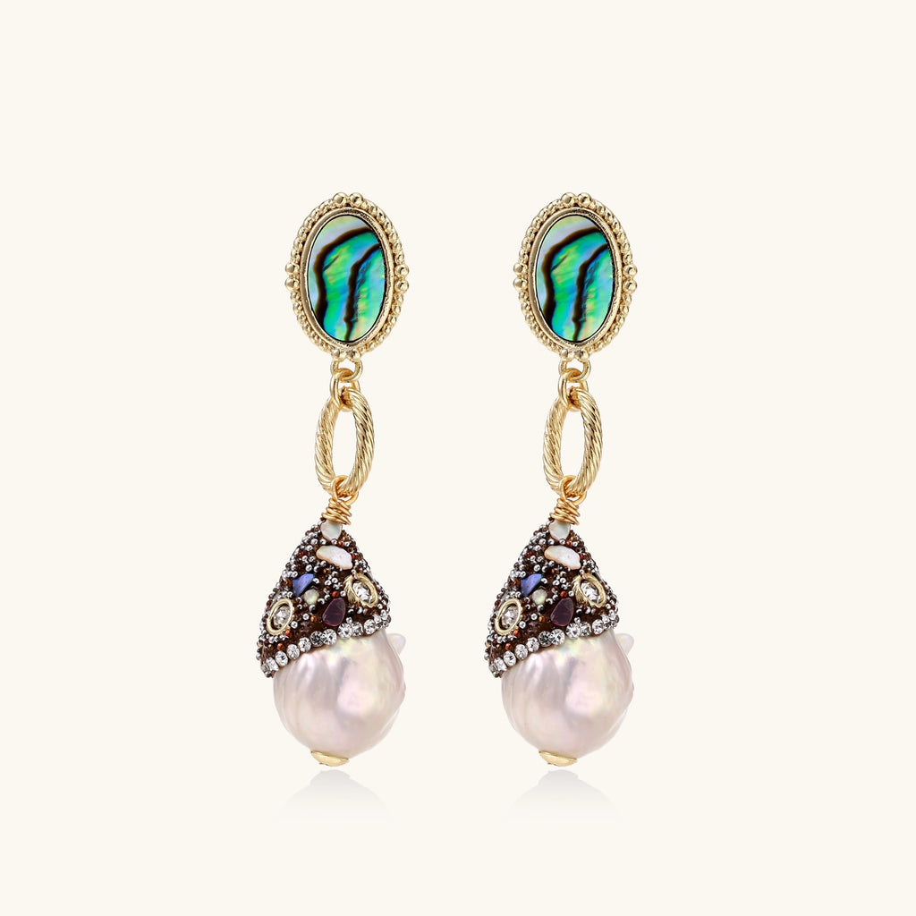 Gold-plated statement earrings with iridescent abalone shells, rope chain links, and crystal-capped baroque pearls