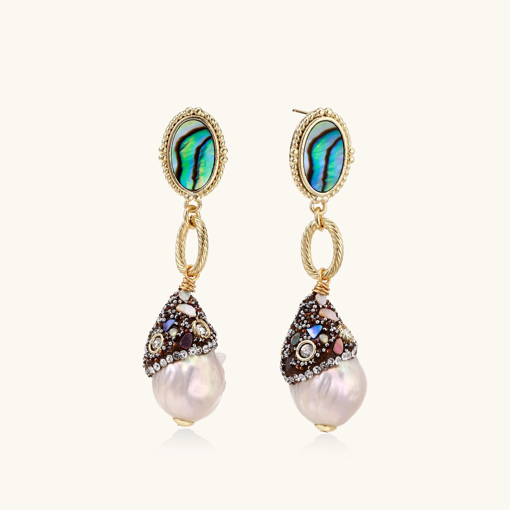 Gold-plated statement earrings with iridescent abalone shells, rope chain links, and crystal-capped baroque pearls