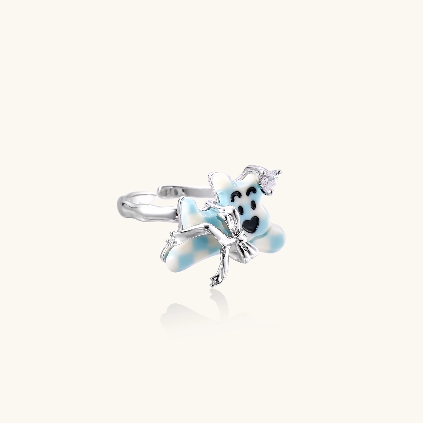Gold-plated brass ring featuring a cute panda with crystal crown sitting on blue petals