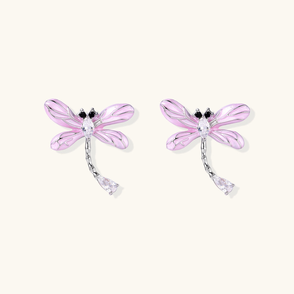 Long dangle earrings with purple dragonfly charms and crystal chains on white background, gold-plated finish.