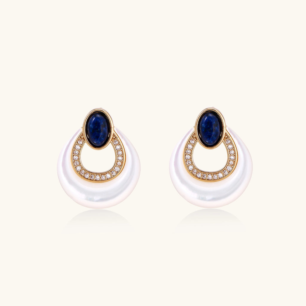 Gold-plated drop earrings featuring blue lapis lazuli ovals, diamond-studded circles, and iridescent mother of pearl teardrops