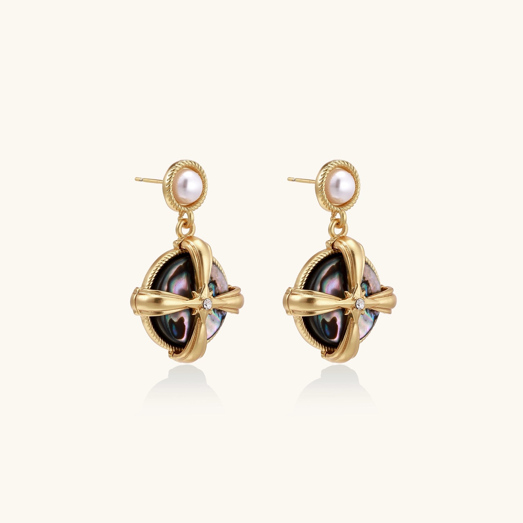 Gold-plated drop earrings with cross design framing iridescent abalone shell and pearl studs on neutral background.