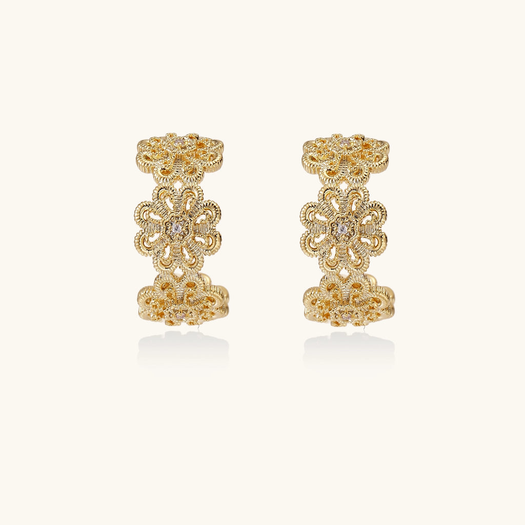 Ornate gold-plated brass hoop earrings featuring delicate floral filigree patterns and intricate rosette details.