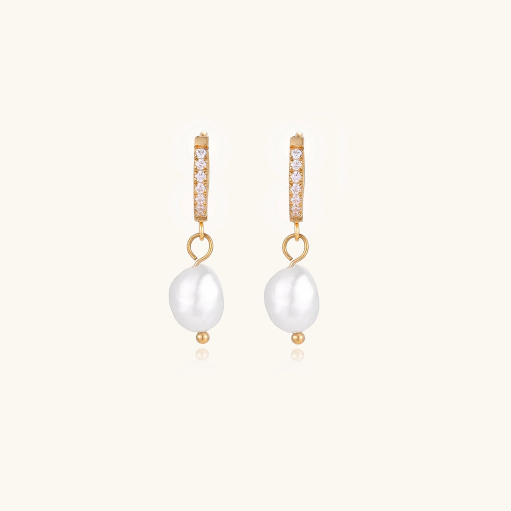 18K gold plated hoop earrings with freshwater pearl drops on neutral background, showing elegant minimalist design.