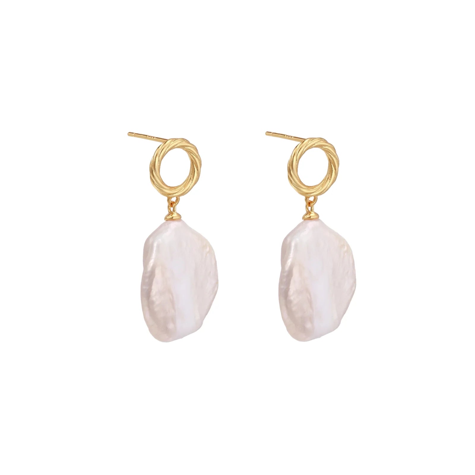18K gold vermeil twisted circle studs with organic white baroque pearl drops on cream background