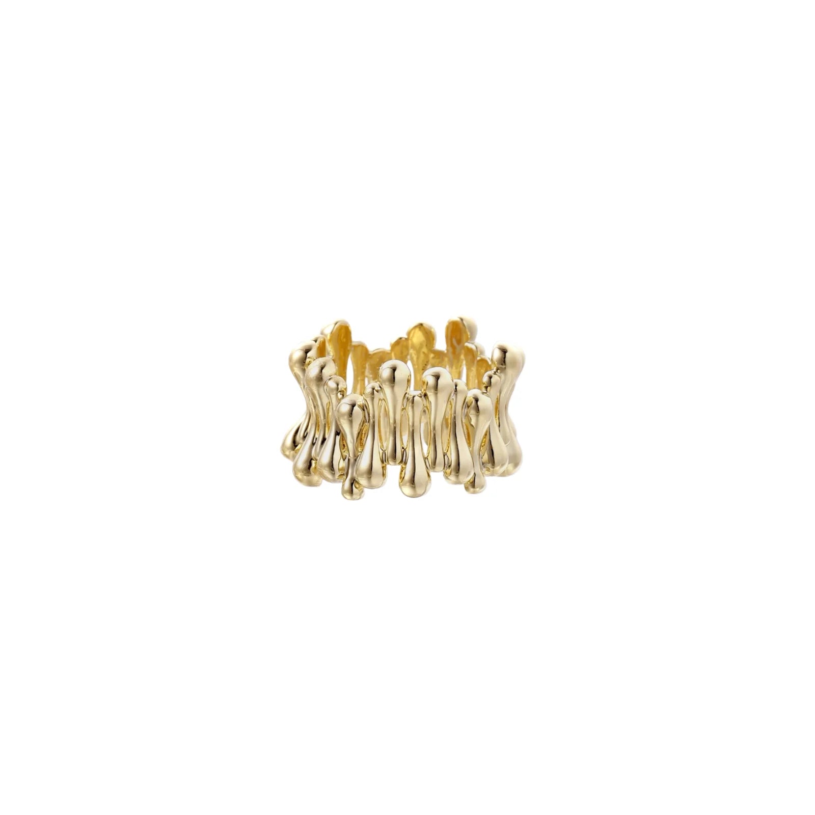 Gold-plated brass ring with sculptural petal-like elements in a wide band design on beige background