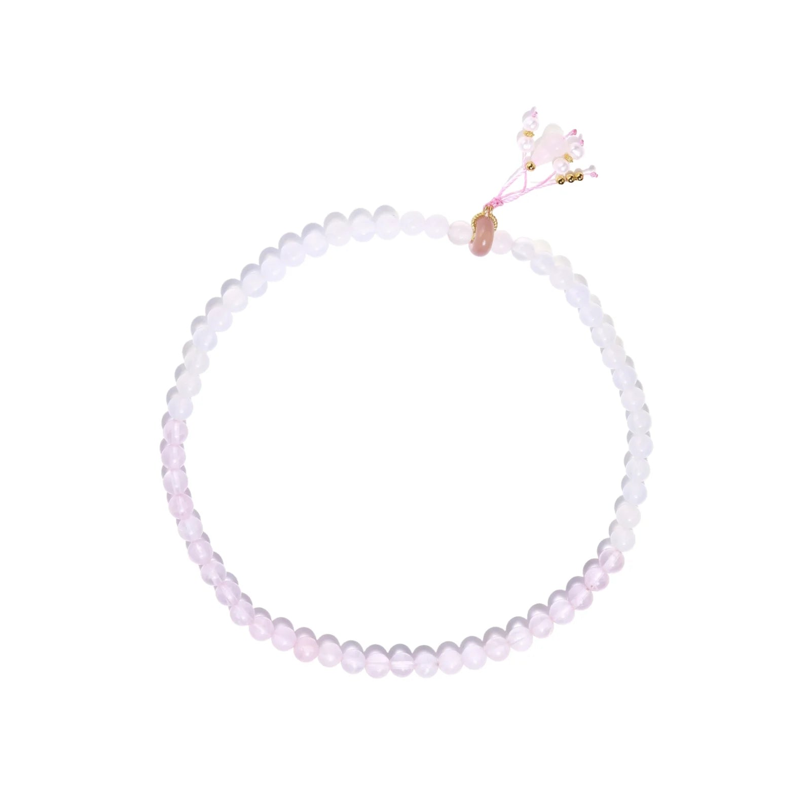 Double-wrap lavender beaded bracelet with rose quartz, pearls, gold vermeil charm and pink tassel on white background.