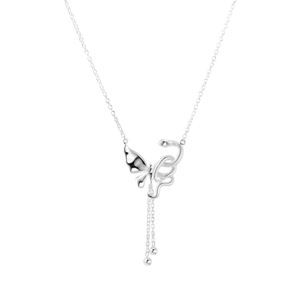 Sterling silver butterfly pendant with textured wing detail on adjustable Y-chain with ball drop ends