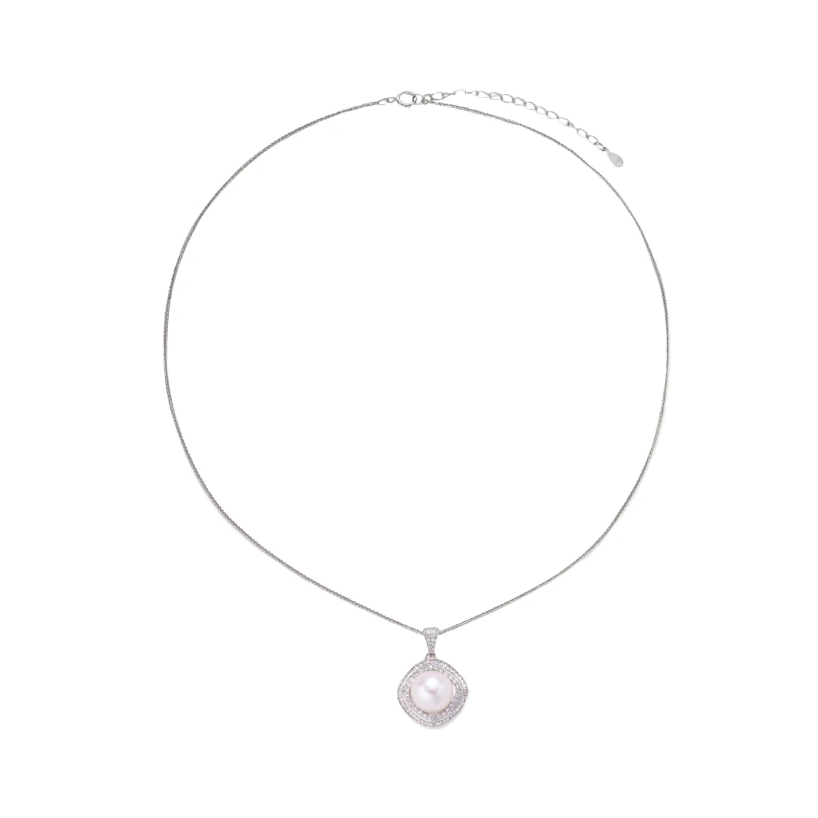 Cushion-shaped double halo pendant with 10mm freshwater pearl center on rhodium-plated sterling silver chain
