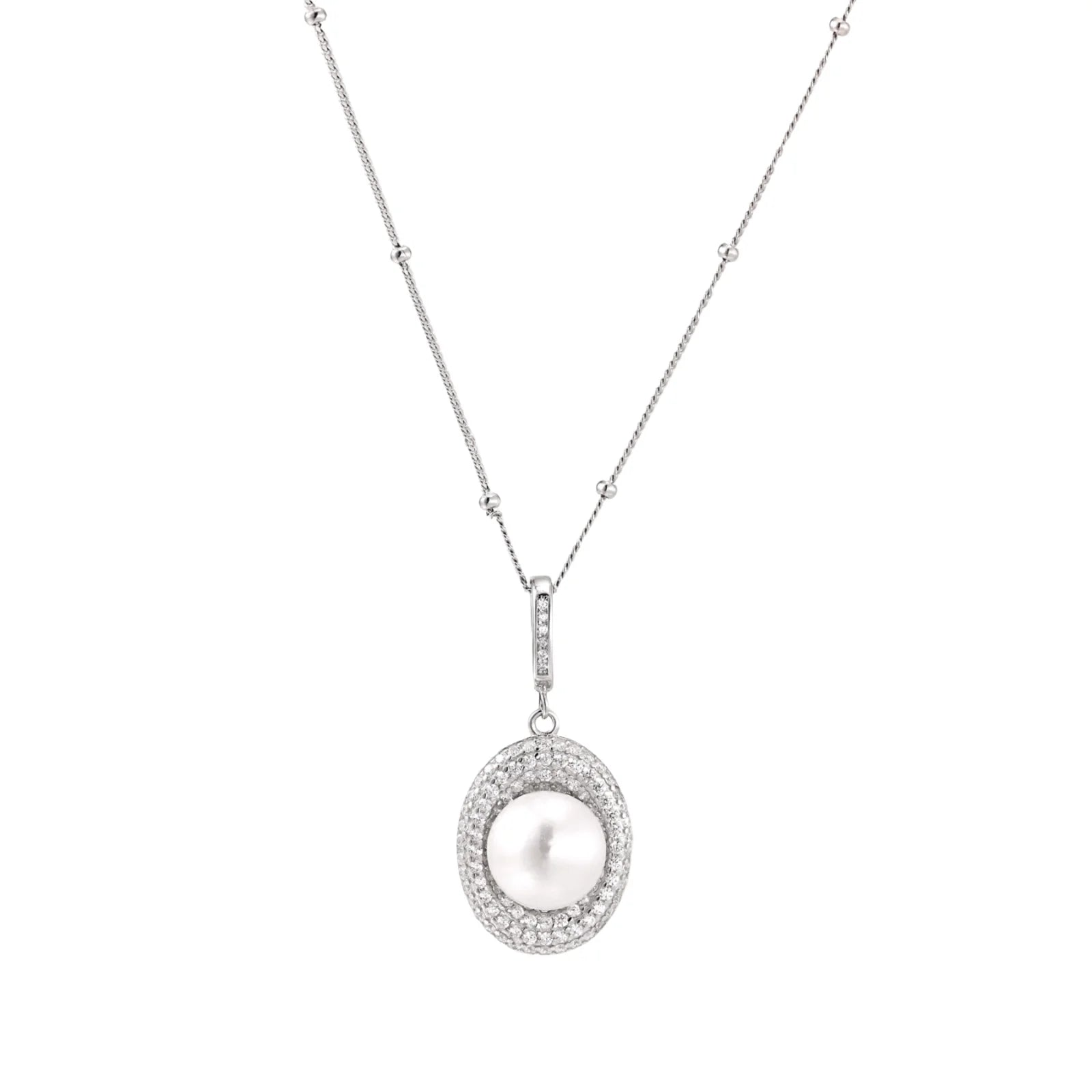 Oval sterling silver pendant with crystal halo surrounding a white freshwater pearl on delicate chain