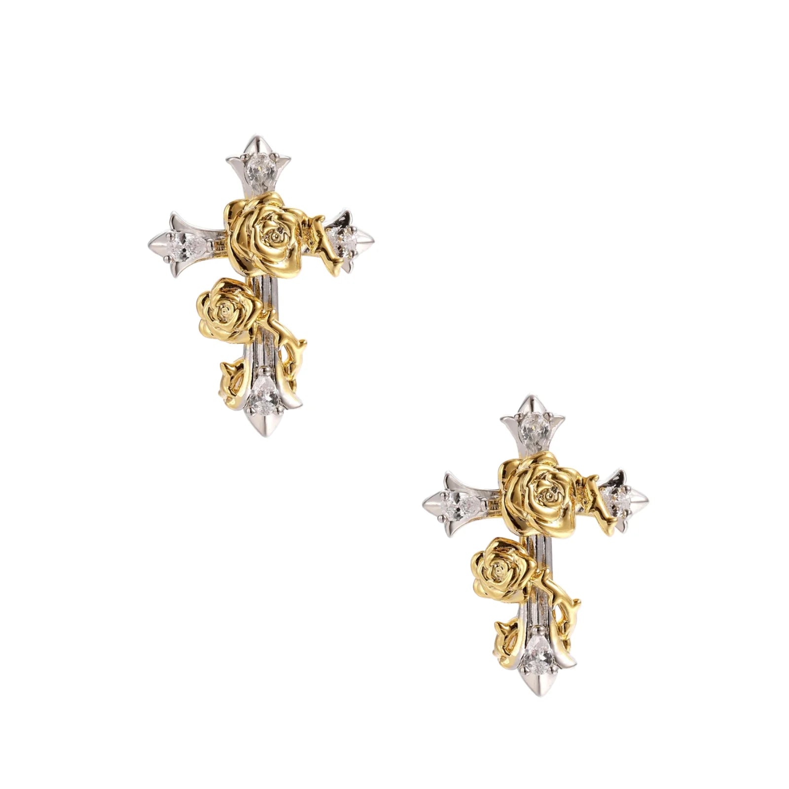 Two-tone cross earrings with gold roses and clear crystals on silver base, gothic romantic style