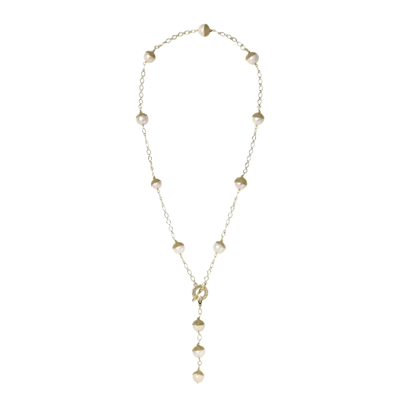 Gold-plated lariat necklace with baroque pearls and textured caps on cream background, showing adjustable Y-shaped design.
