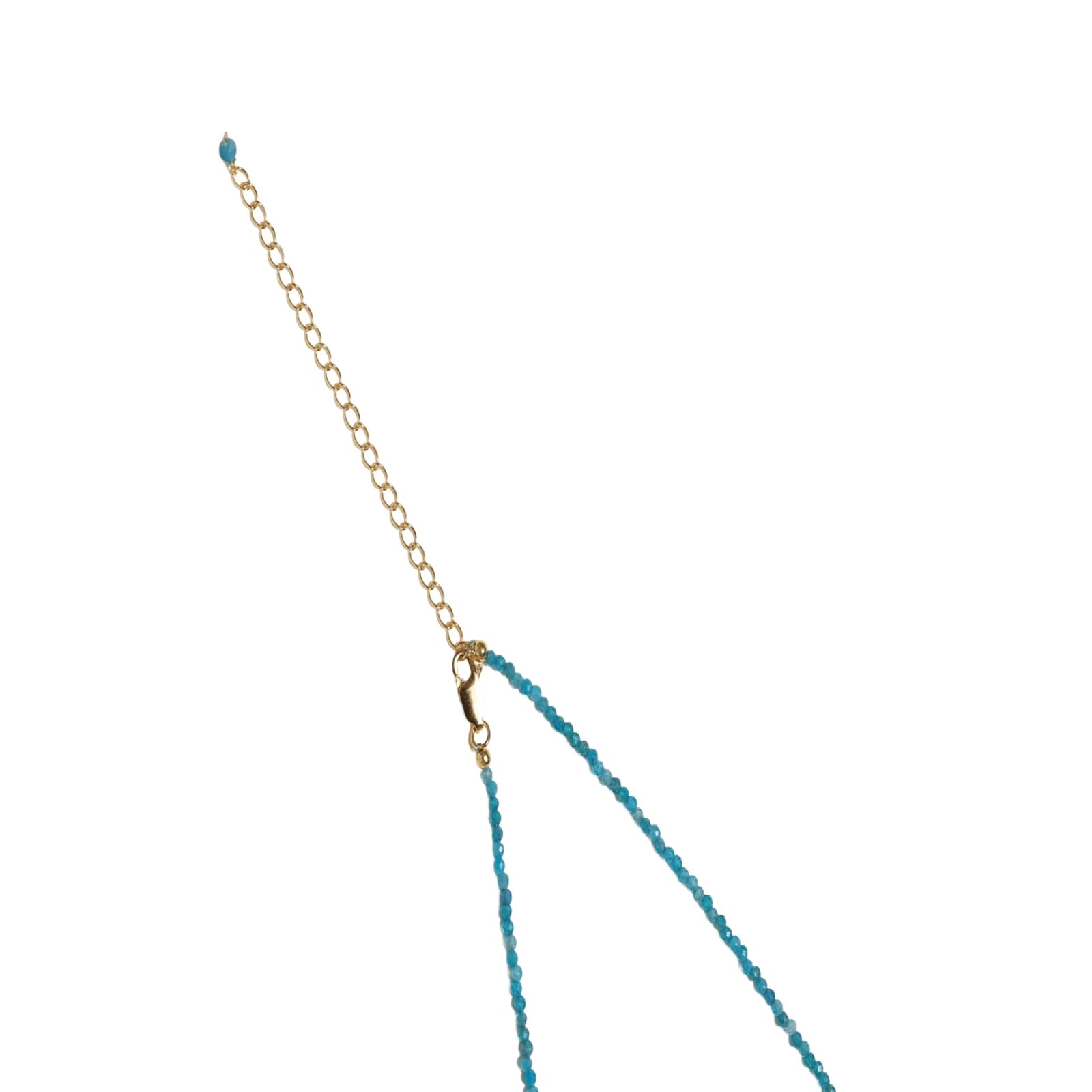 Delicate gold vermeil necklace with teal apatite beads and freshwater pearl on white background.