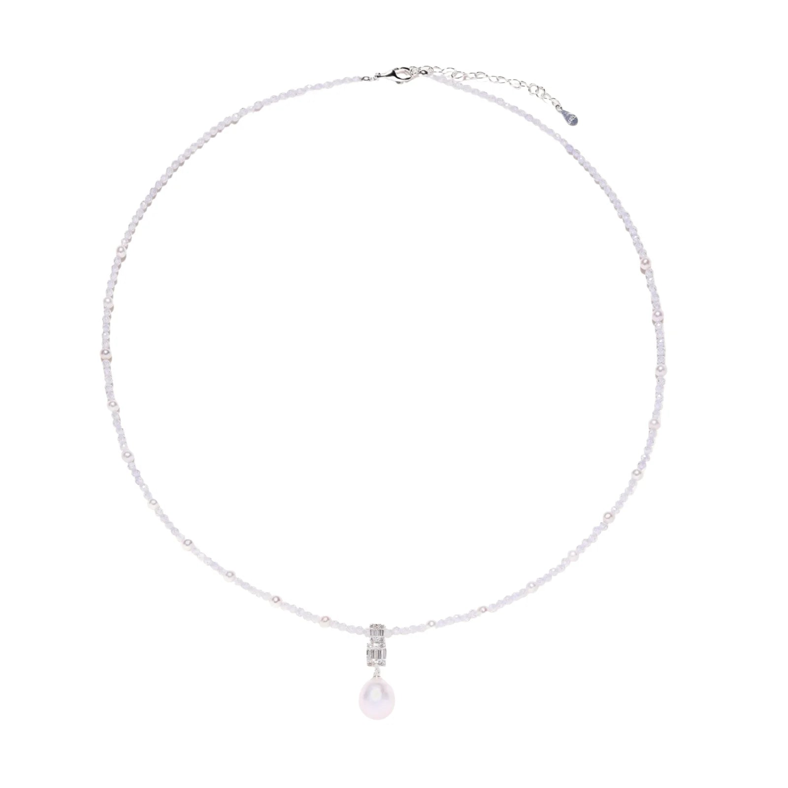 Dainty necklace with lavender crystal beads, freshwater pearls, geometric pendant, and large pearl drop on white background.