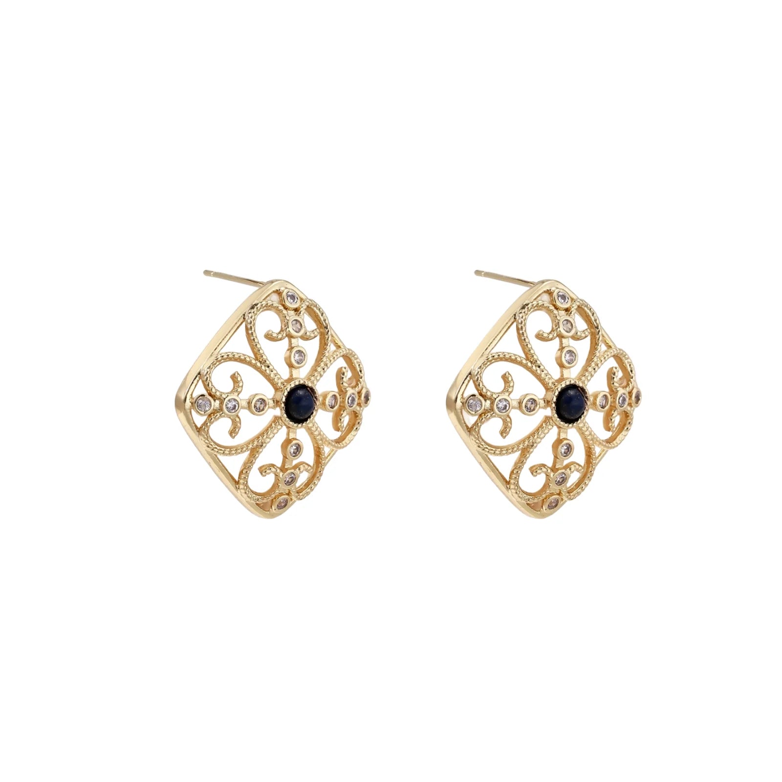 Gold filigree stud earrings with navy lapis lazuli center stone and mother-of-pearl accents in ornate quatrefoil design