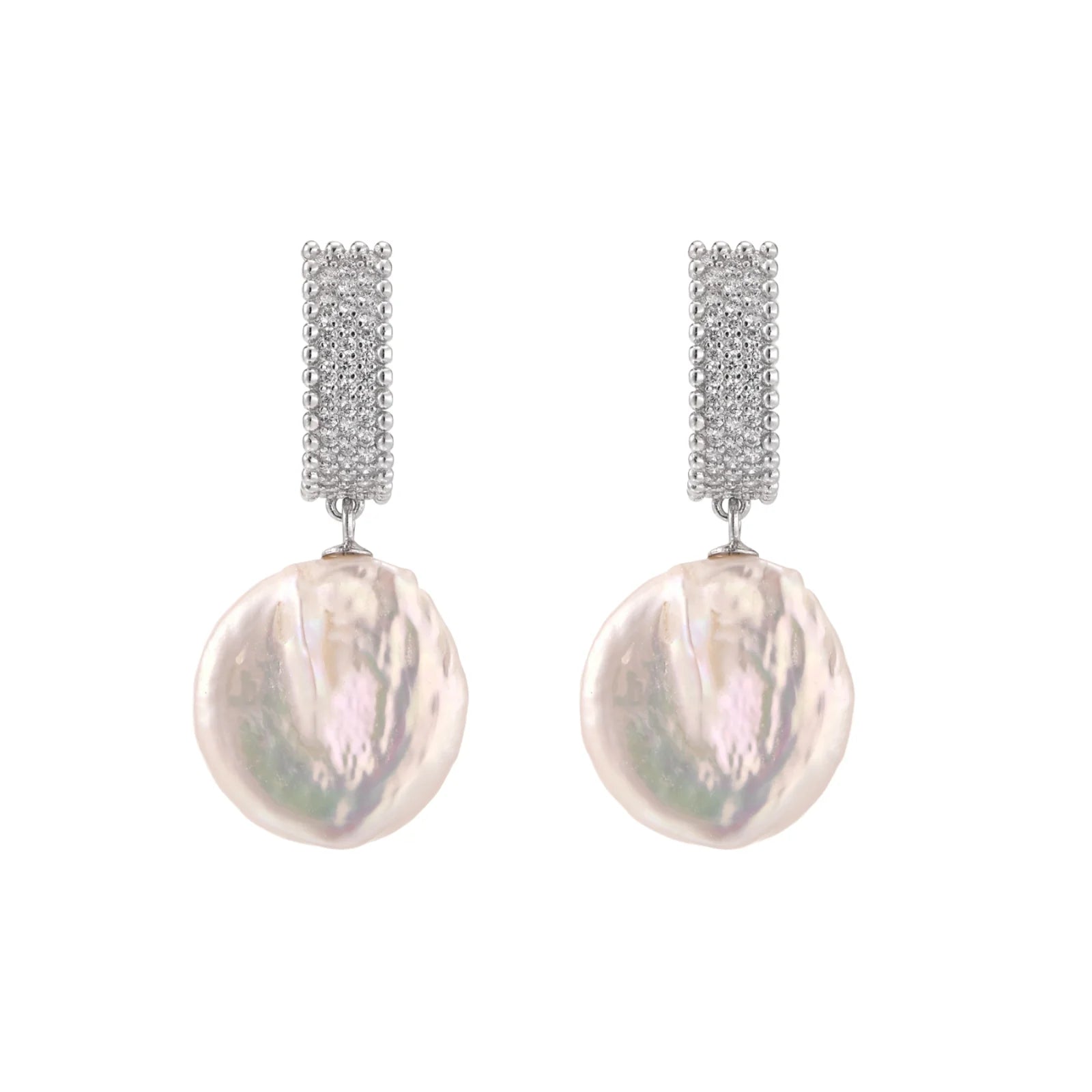 Rhodium-plated silver curved stud with pave stones and baroque pearl drop on white background