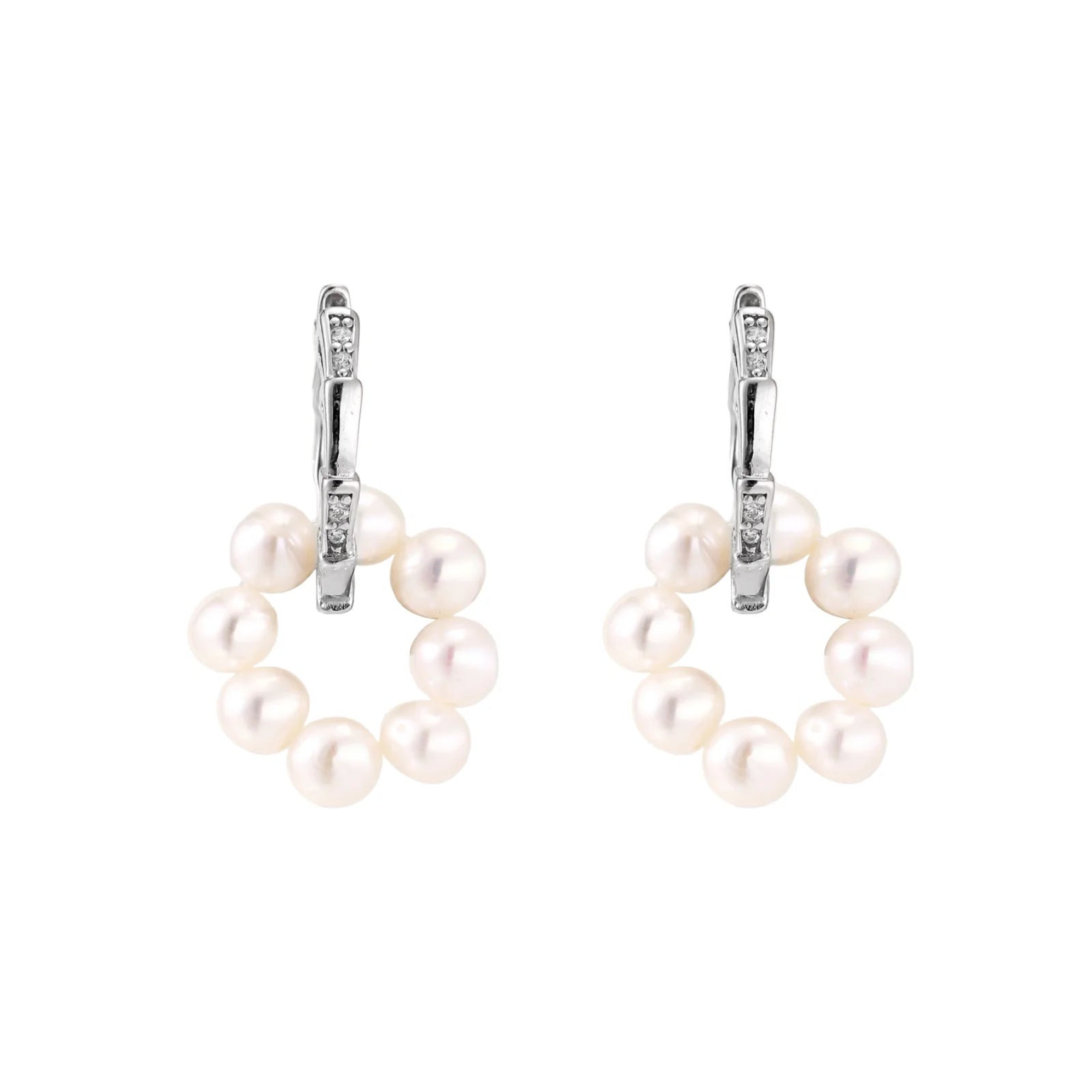 Rhodium-plated silver hoop earrings with freshwater pearls arranged in crescent formation and diamond accents