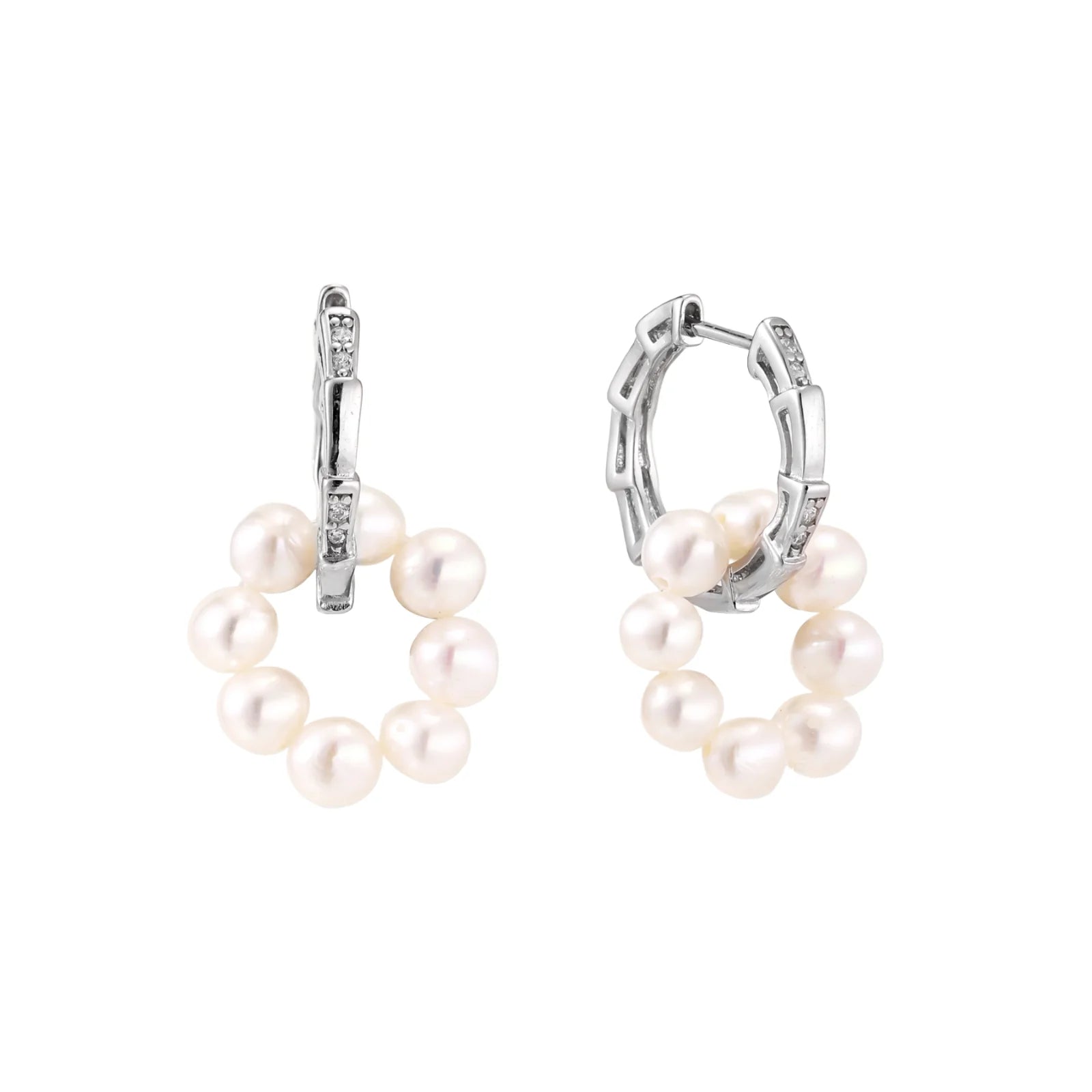 Rhodium-plated silver hoop earrings with freshwater pearls arranged in crescent formation and diamond accents