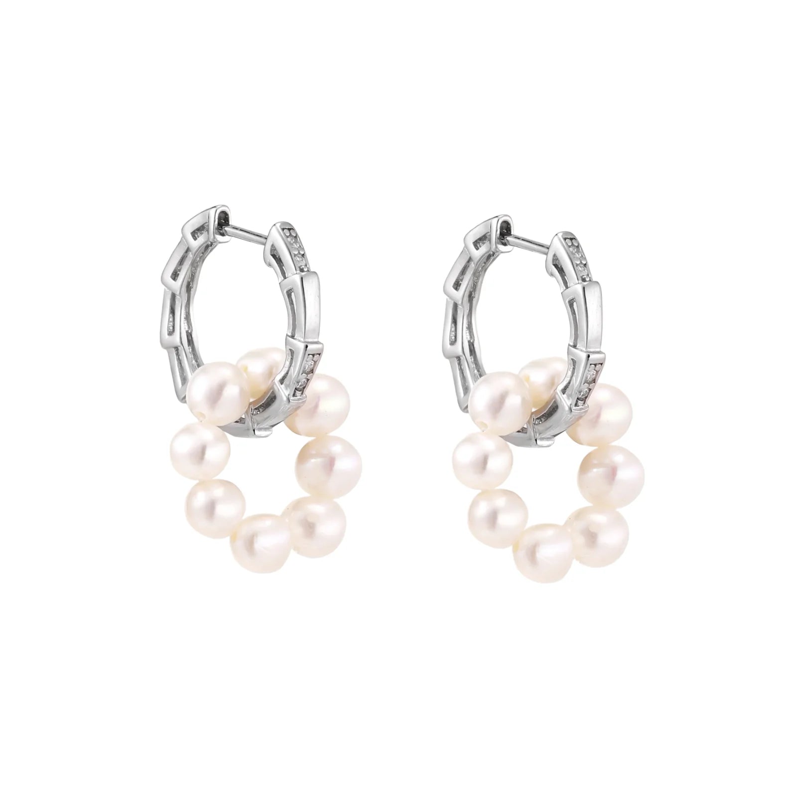 Rhodium-plated silver hoop earrings with freshwater pearls arranged in crescent formation and diamond accents