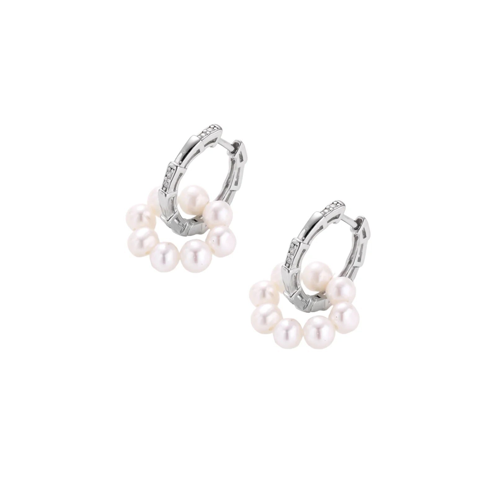 Rhodium-plated silver hoop earrings with freshwater pearls arranged in crescent formation and diamond accents