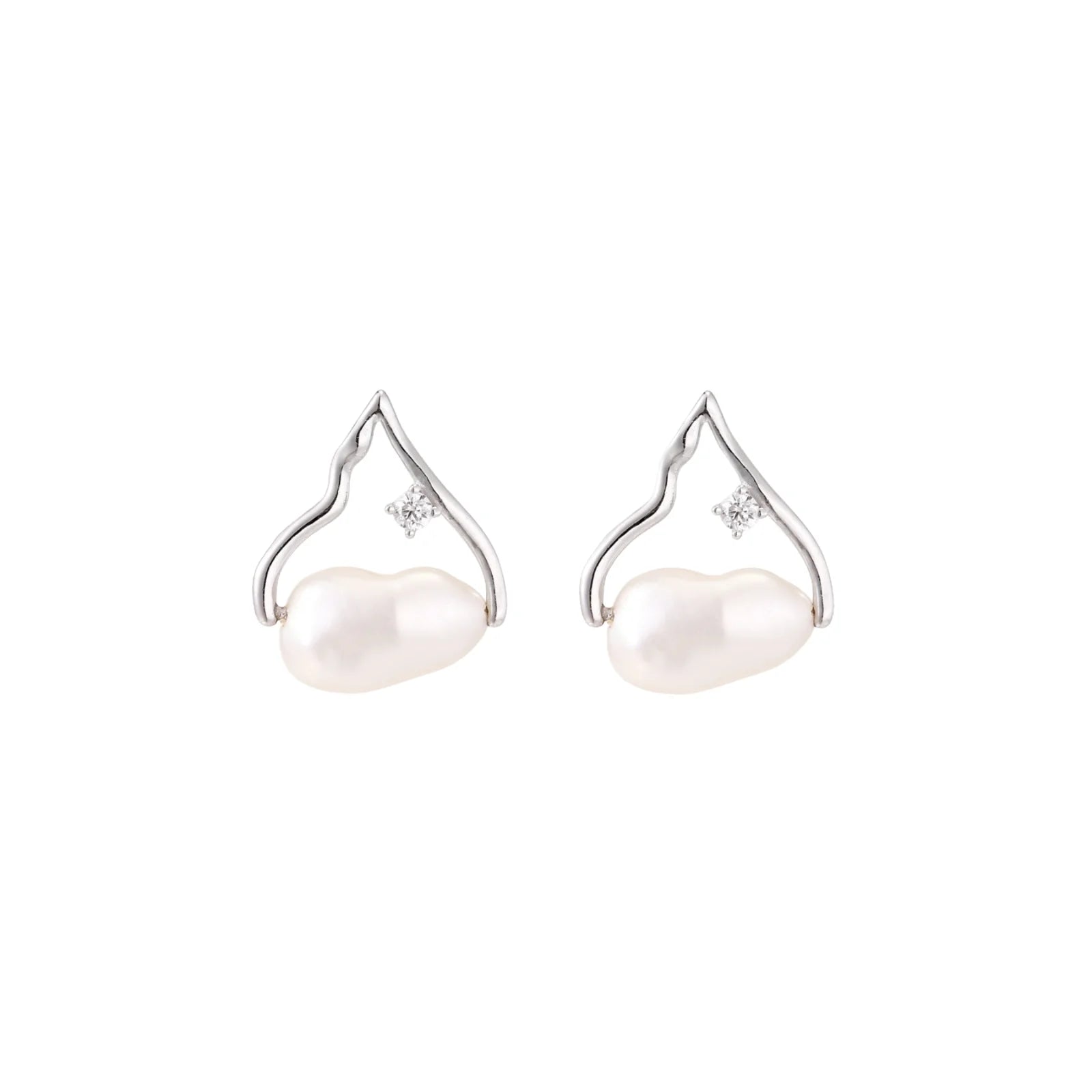 Silver mountain outline studs with baroque pearl and diamond accent on white background