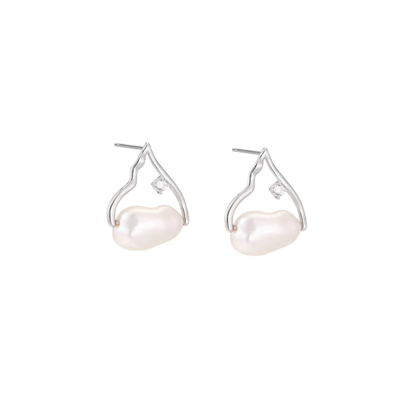 Silver mountain outline studs with baroque pearl and diamond accent on white background