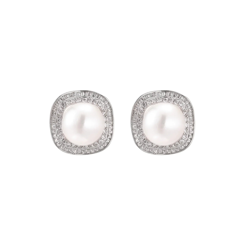 Cushion-shaped sterling silver stud earrings with freshwater pearls surrounded by geometric diamond halos