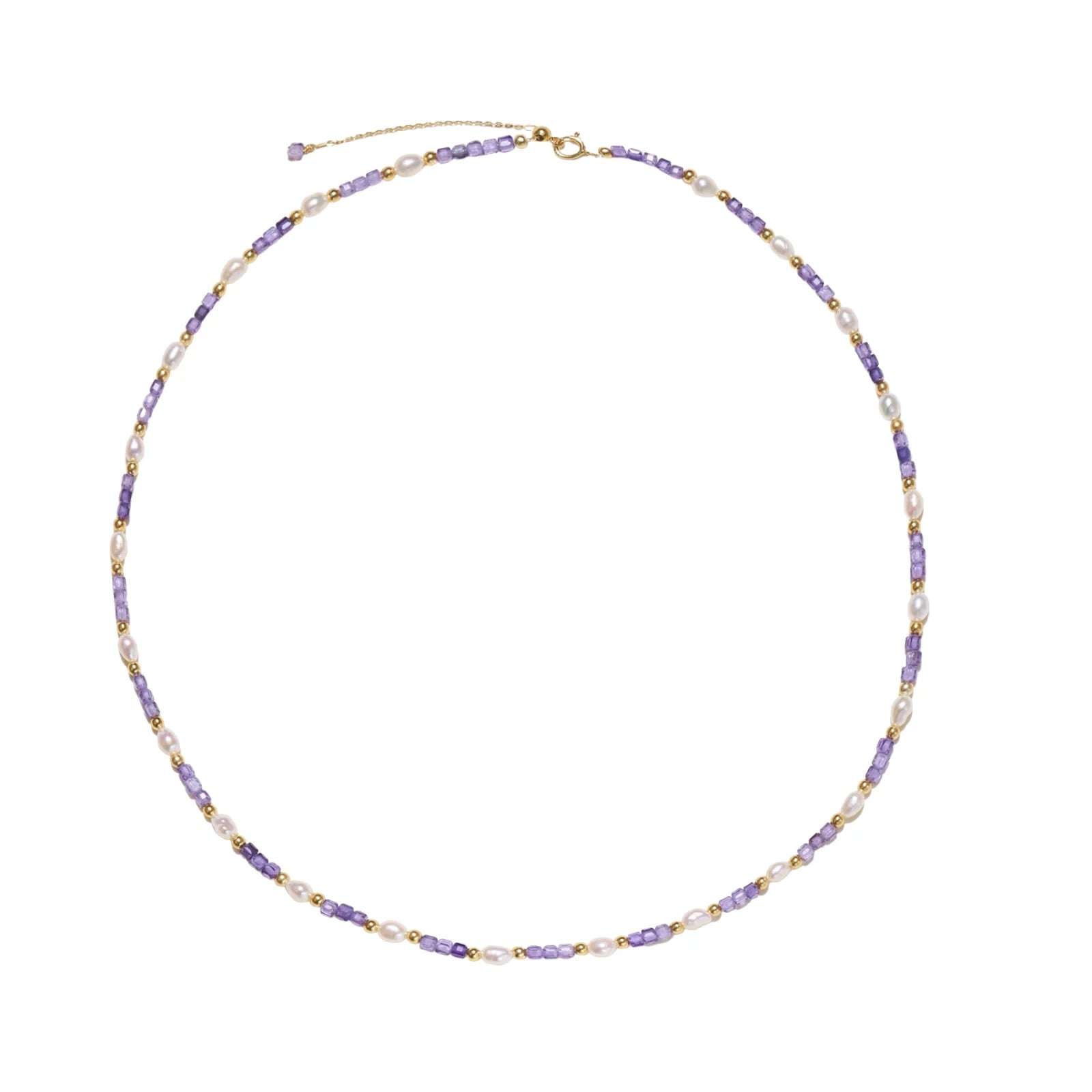 Delicate 18K gold vermeil necklace with alternating lavender zirconia beads and white freshwater pearls on cream background