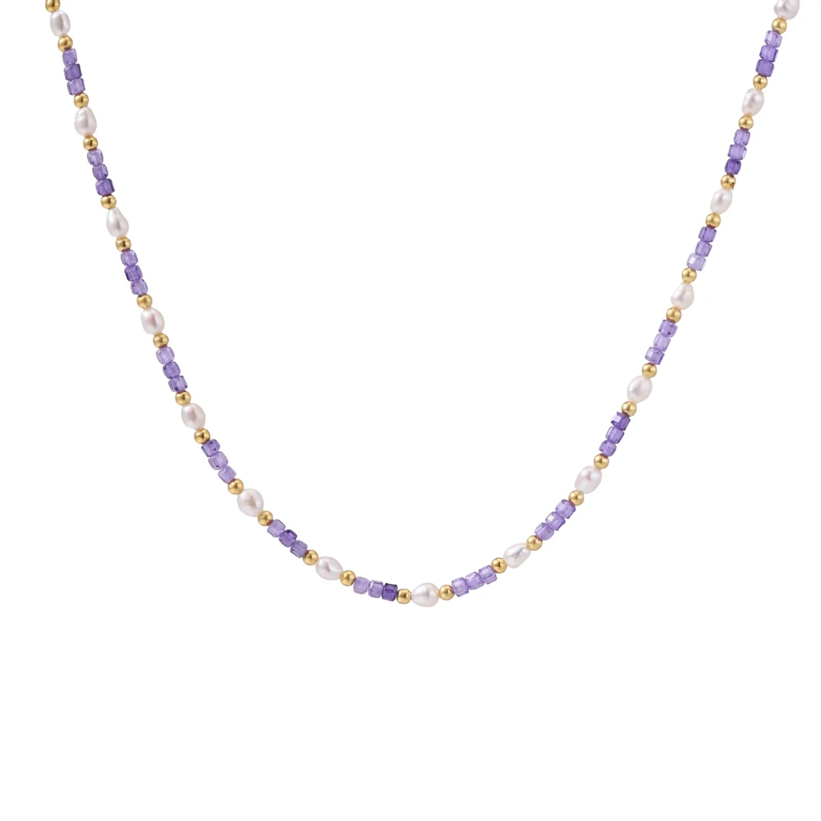 Delicate 18K gold vermeil necklace with alternating lavender zirconia beads and white freshwater pearls on cream background