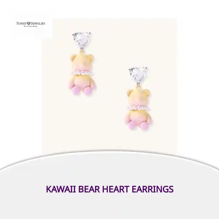Kawaii Bear Heart Earrings by@Outfy